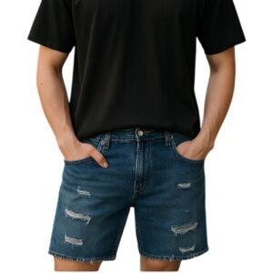 TOMMY HILFIGER Mens Upcycled Cutoffs Jean Shorts Freedom Midwash Distressed 32